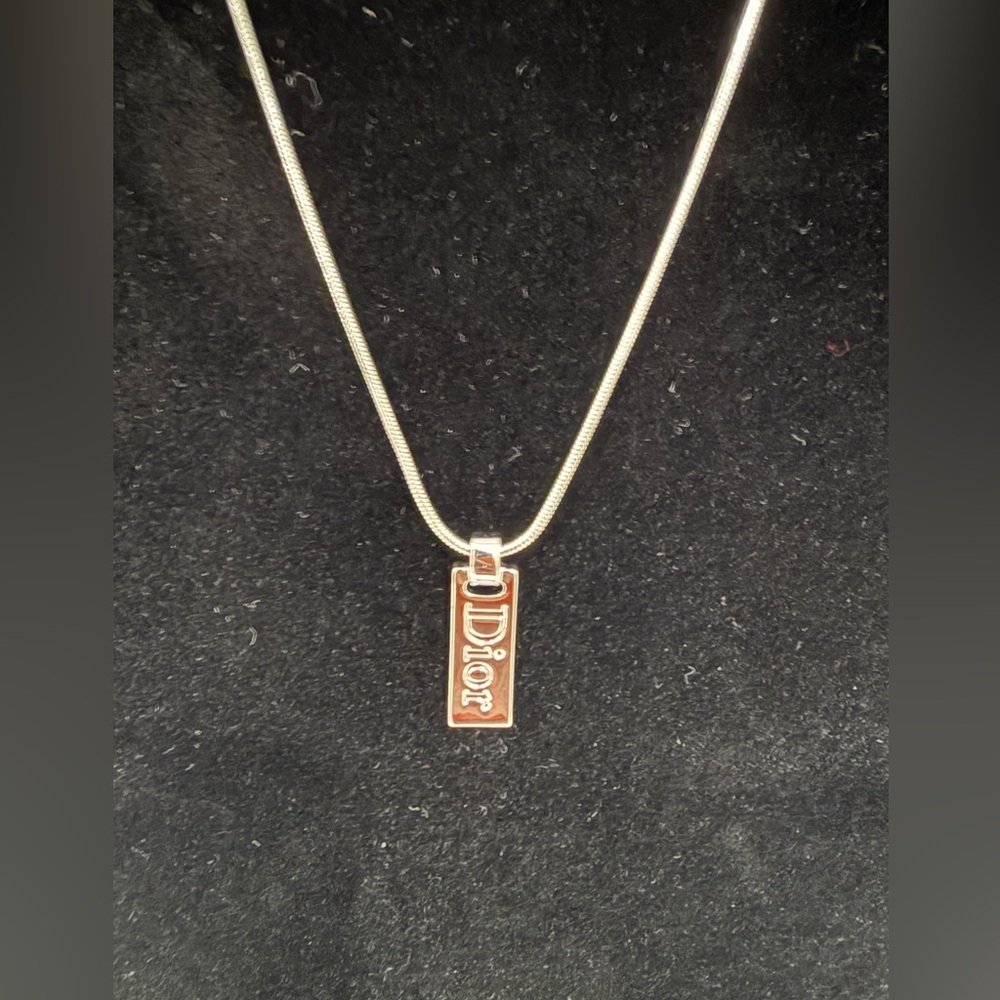 Christian Dior Silver DIOR Logo Bar Pendant Necklace Snake Chain CD Charm